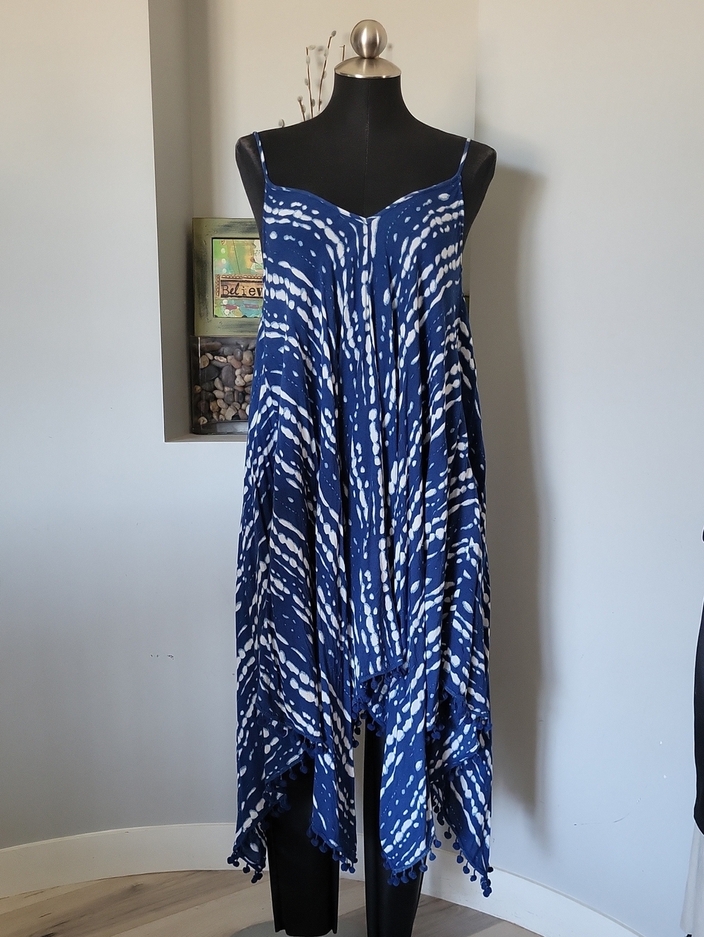 Japna Goa Blue White Tie-Dye Pom Pom Handkerchief Dress Swim Cover Up XL